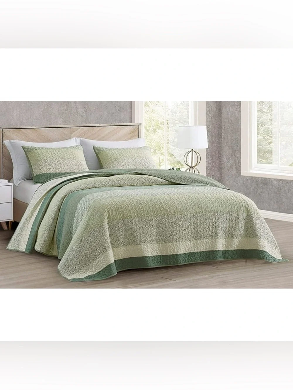 Green Striped king 3 piece Quilt Set - Classic Lightweight Bedspread 100% cotton